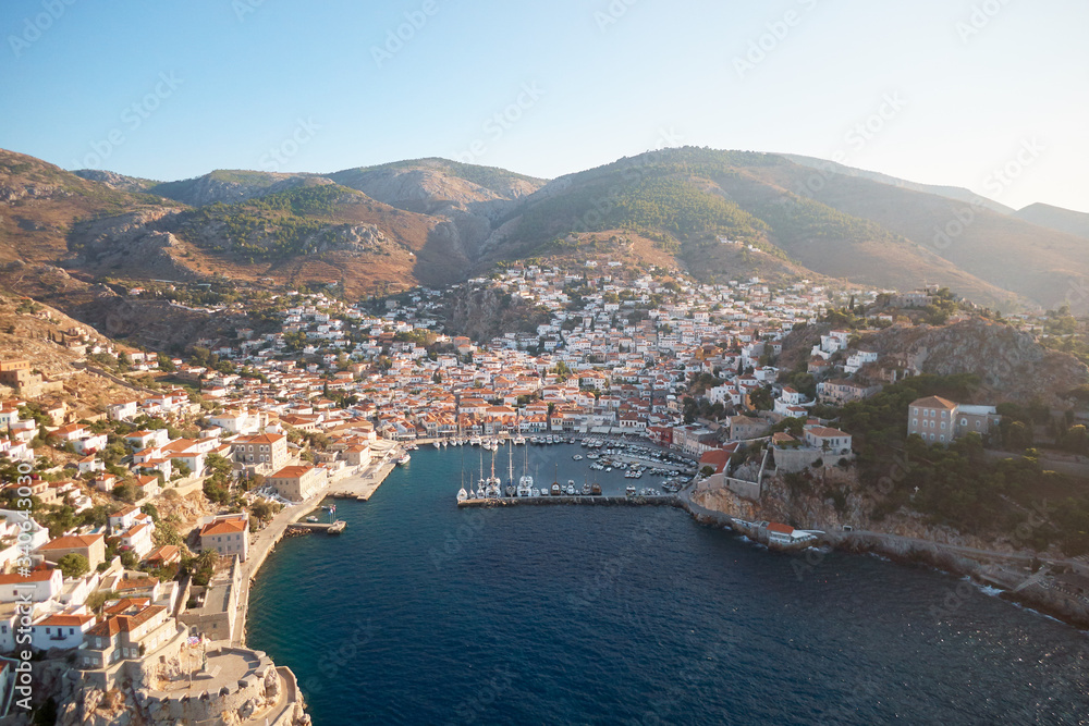 Aerial view of port of Hydra above the town.