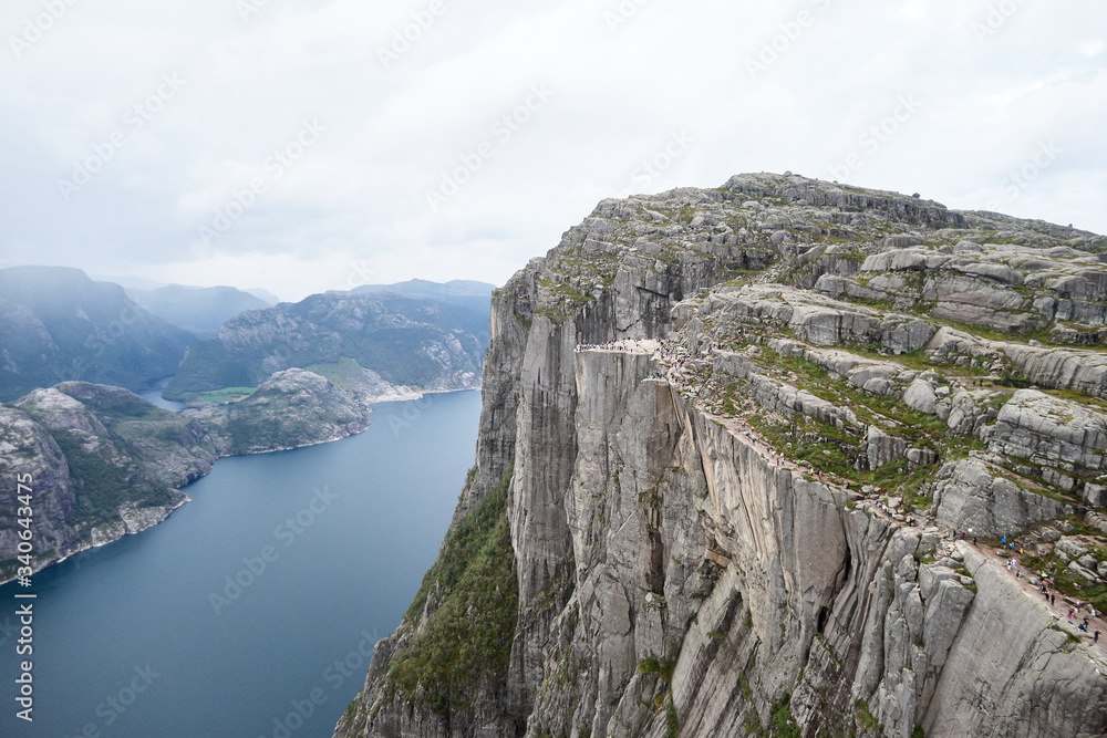 Naklejka premium Aerial view at Preikestolen on Lysefjord in clouds