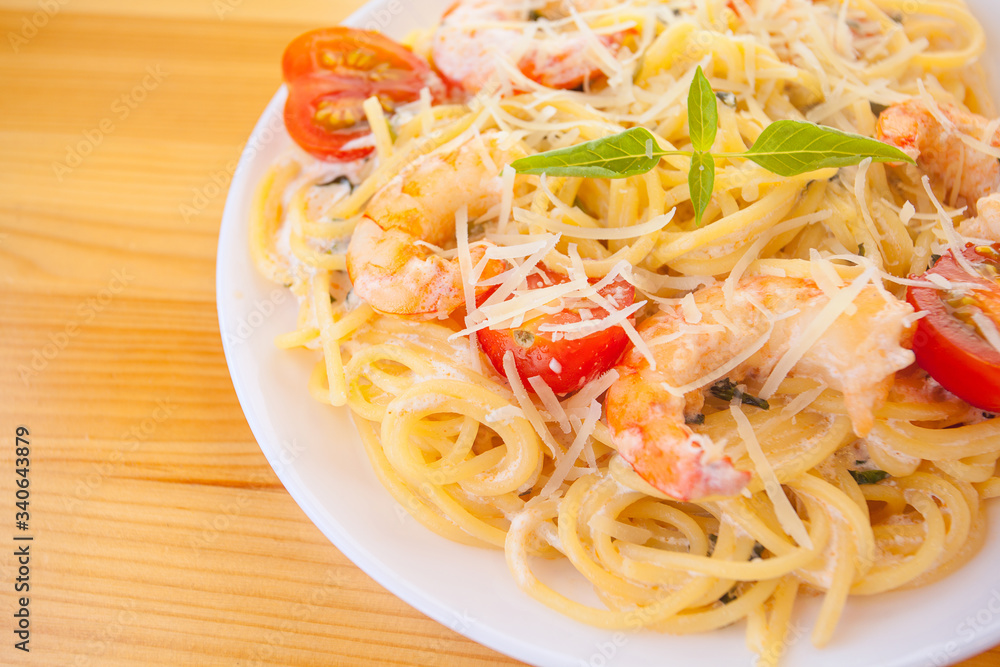 delicious Spaghetti pasta with prawns on plate delicious Spaghetti pasta with prawns on plate