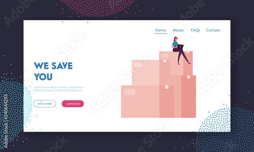 Procurement, Goods Delivery and Logistics Distribution Service Landing Page Template. Purchaser Female Character with Laptop Sitting on Top of Cardboard Boxes Pile. Cartoon People Vector Illustration