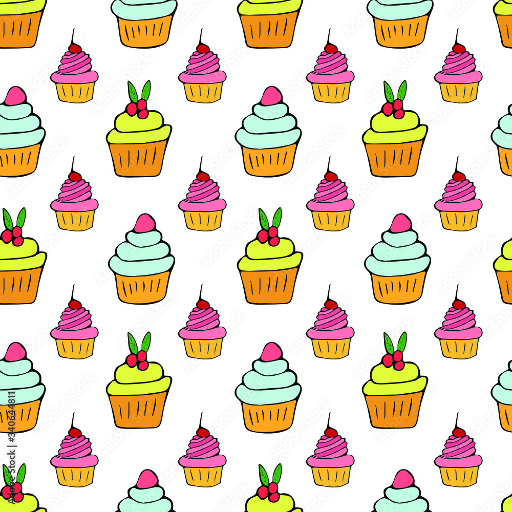 Various small cakes with cream and fruit  on a white background seamless pattern. Hand drawing. For fabric, printing, design, website, cover.
