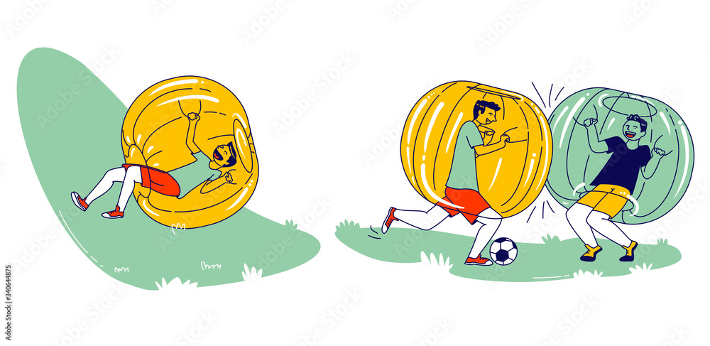 Boys Characters Having Fun Zorbing Recreation. Group of Teenagers Playing Soccer and Spending Time Outdoors inside of Zorb Balls. Summertime Activity Sport and Relax. Linear People Vector Illustration Boys Characters Having Fun Zorbing Recreation. Group of Teenagers Playing Soccer and Spending Time Outdoors inside of Zorb Balls. Summertime Activity Sport and Relax. Linear People Vector Illustration