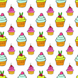 Various small cakes with cream and fruit  on a white background seamless pattern. Hand drawing. For fabric, printing, design, website, cover.