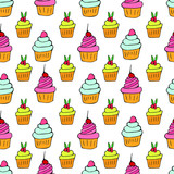 Various small cakes with cream and fruit  on a white background seamless pattern. Hand drawing. For fabric, printing, design, website, 