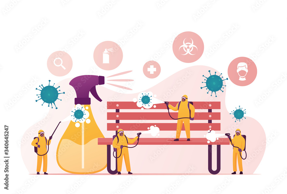 Fototapeta premium People in Hazmat Protective Suits Cleaning or Disinfecting Coronavirus Cells. Tiny Characters Spraying Disinfectant on Huge Bench in Park during Worldwide Covid19 Pandemic. Cartoon Vector Illustration