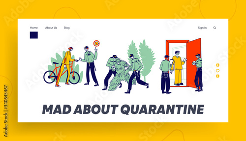 Quarantine Control Landing Page Template. Characters Violate Self Isolation, Policemen Arrest Person in Costume of Tree, Bicyclist in Park and Checking Quarantined People. Linear Vector Illustration
