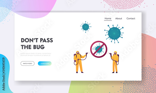 Coronavirus Contamination Room Disinfection Landing Page Template. Tiny Human Character in Protective Suits Spraying Antibacterial Liquid on Covid19 Cells Flying in Air. Cartoon Vector Illustration