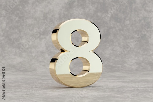 Gold 3d number 8. Glossy golden number on concrete background. Metallic alphabet with studio light reflections. 3d rendered font character.