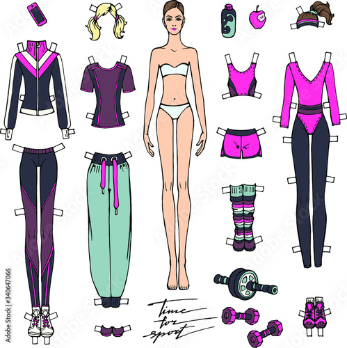 Vector set : paper woman doll and collection of comfortable sport clothes and accessories for cut out and play for girls. Educational toy. Fashion top, leggings, sneakers, dumbbells, bottle of water.