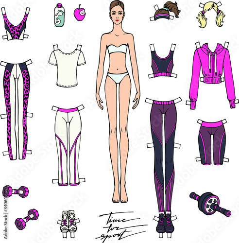 Vector set : paper woman doll and collection of comfortable sport clothes and accessories for cut out and play for girls. Educational toy. Fashion top, leggings, sneakers, dumbbells, bottle of water.