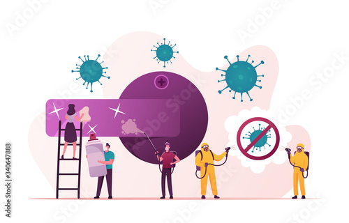 Male and Female Characters Cleaning Room from Contagious Covid19 Cells. People in Hazmat Protective Suits and Masks Spraying Disinfectant to Stop Coronavirus Pandemic. Cartoon Vector Illustration