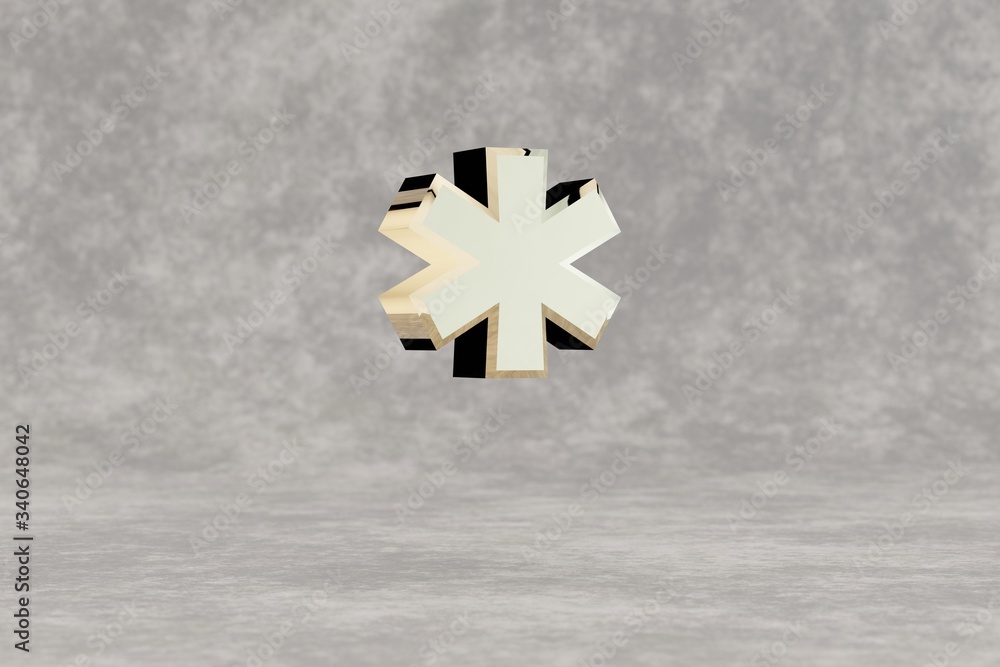 Gold 3d asterisk symbol. Glossy golden sign on concrete background. Metallic alphabet with studio light reflections. 3d rendered font character. Gold 3d asterisk symbol. Glossy golden sign on concrete background. Metallic alphabet with studio light reflections. 3d rendered font character.