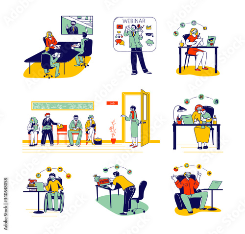 Set Online Education and Hiring at Work during Covid19 Pandemic. Male and Female Characters in Medical Mask Staying at Home for Remote Job. Candidates Wait Interview. Linear People Vector Illustration
