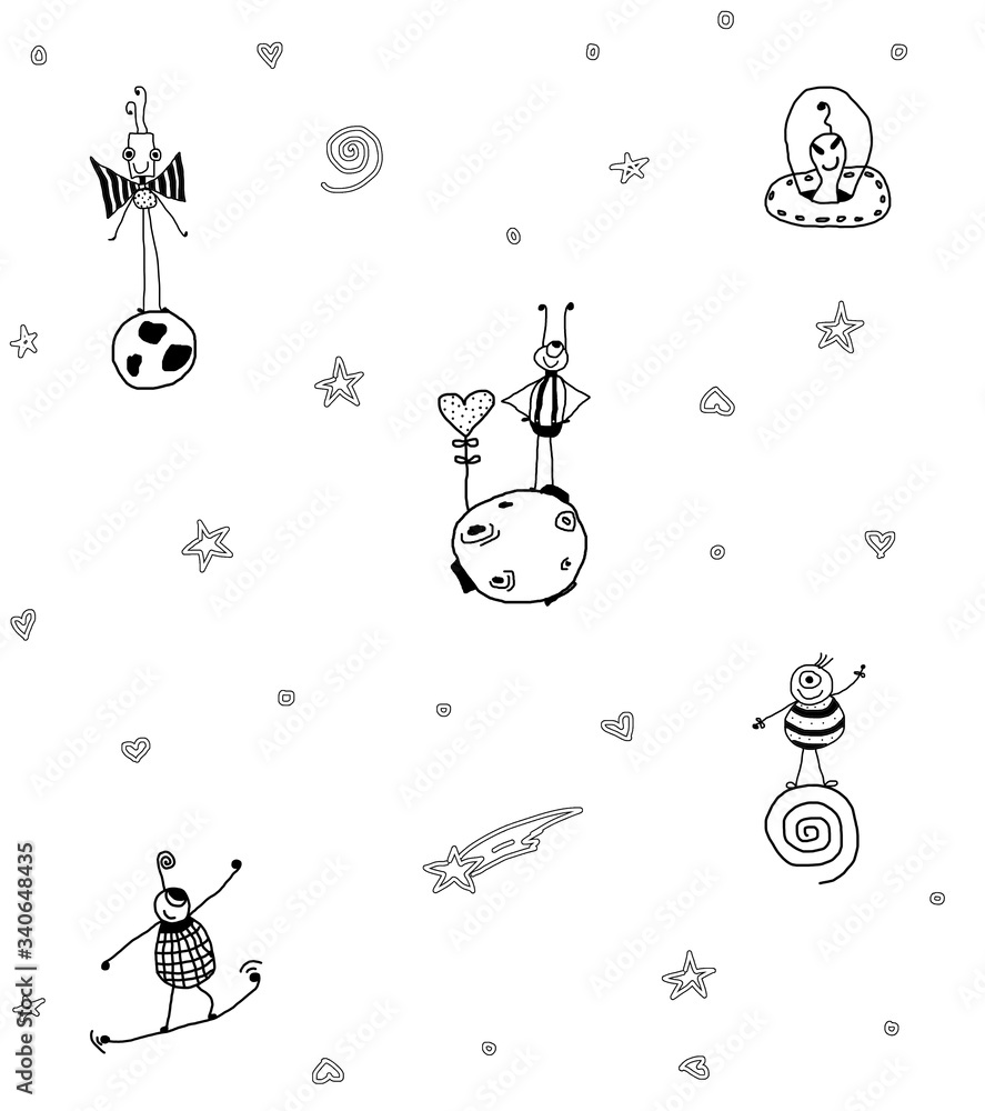 Fototapeta Rysunek ręka kosmici, planety, bezszwowe tupot, rysunki w stylu dziecinne, powtarzające się czarne rysowanie linii na białym tle