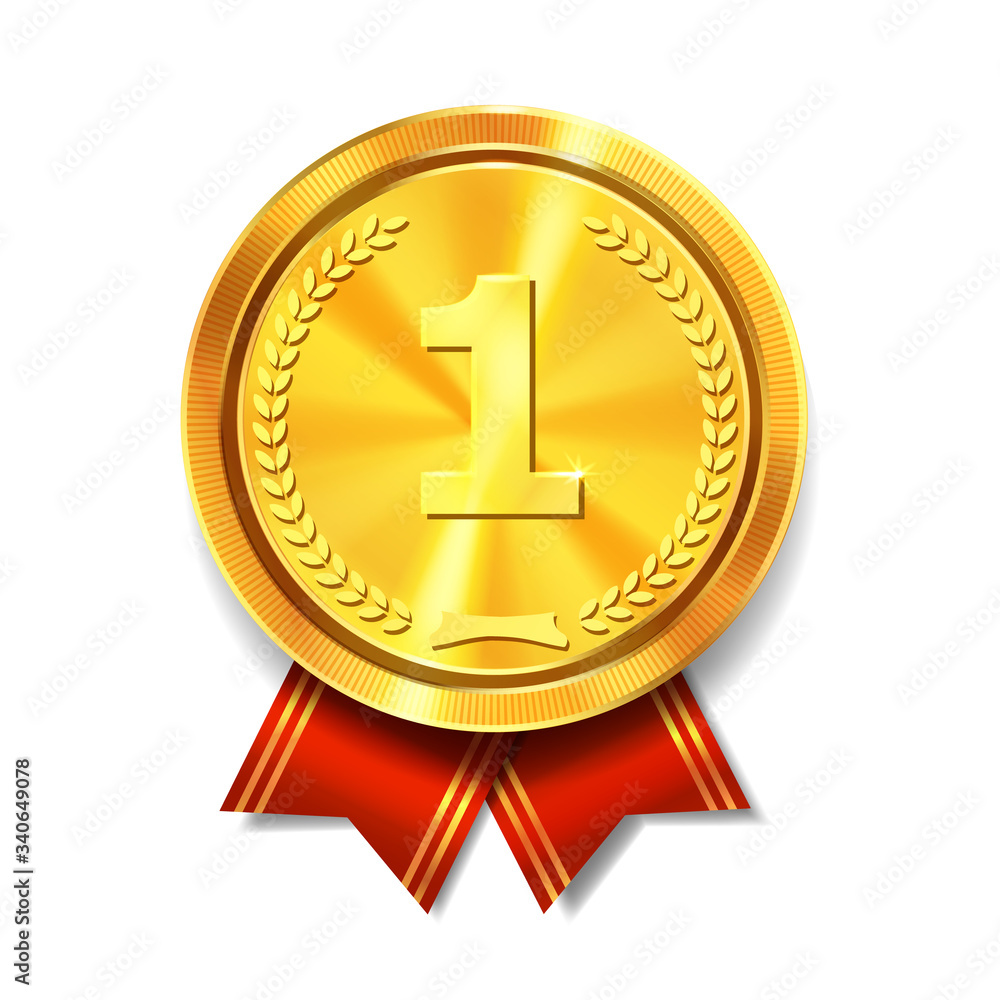 Golden medal with red ribbon. First place gold award. Champion and winner symbol vector Illustration Golden medal with red ribbon. First place gold award. Champion and winner symbol vector Illustration