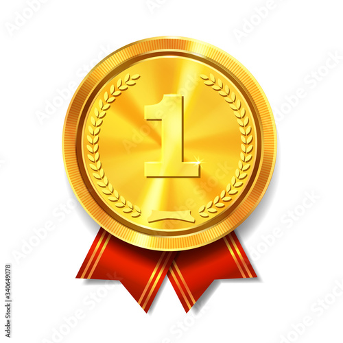 Golden medal with red ribbon. First place gold award. Champion and winner symbol vector Illustration