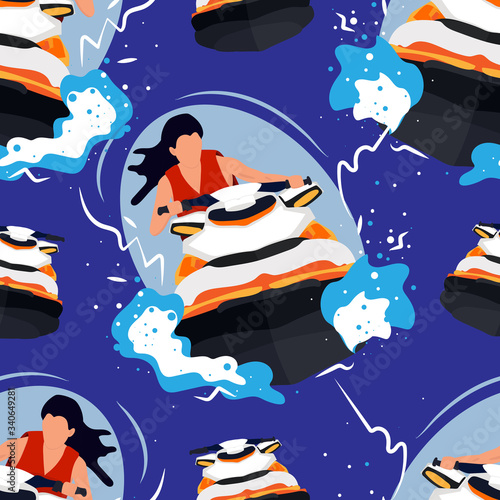 Water extreme sports seamless patterns - woman rides a jet ski stock vector illustration isolated on blue background. Traveling around the world. Planning of summer holidays. Extreme sport.Flat design