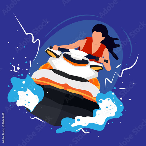 Woman rides a jet ski stock vector illustration isolated on blue background. Traveling around the world. Planning of summer holidays. Extreme sport. Flat design.
