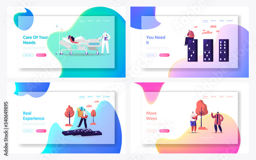 Social Distancing Landing Page Template Set. People Keep Distance in Public Society to Protect from Covid19 Coronavirus Outbreak Spreading. Characters Protect from Viruses. Cartoon Vector Illustration