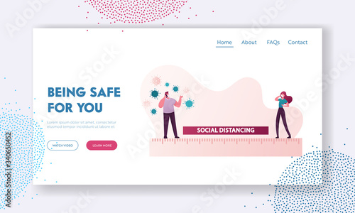 Social Distancing Landing Page Template. People Keep Distance in Public Protect from Covid-19 Outbreak Spread. Characters in Masks Stand on Ruler with Germs around. Cartoon People Vector Illustration