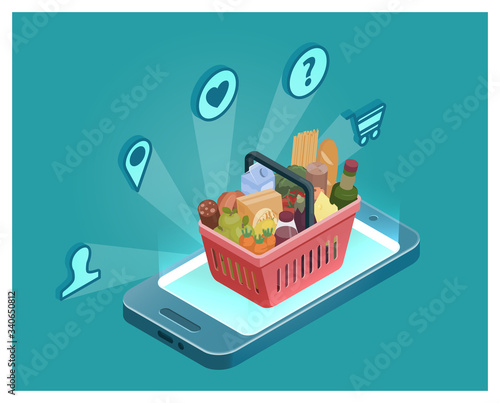Isometric illustration of smartphone, red grocery basket with food and delivery service icons. Stock vector. Online shopping, food order, delivery concept.