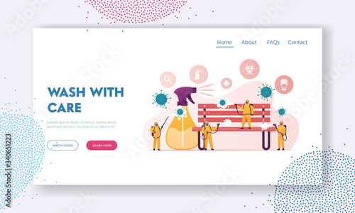 Tiny Characters Spraying Disinfectant on Huge Bench in Park during Worldwide Covid19 Pandemic Landing Page Template. People in Protective Suits Cleaning Coronavirus Cells. Cartoon Vector Illustration