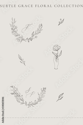 Collection of delicate line drawing vector floral wreaths frames. hand drawn delicate flowers, branches, leaves, plants. Botanical illustration. Leaf logo. Wedding invitation stationary