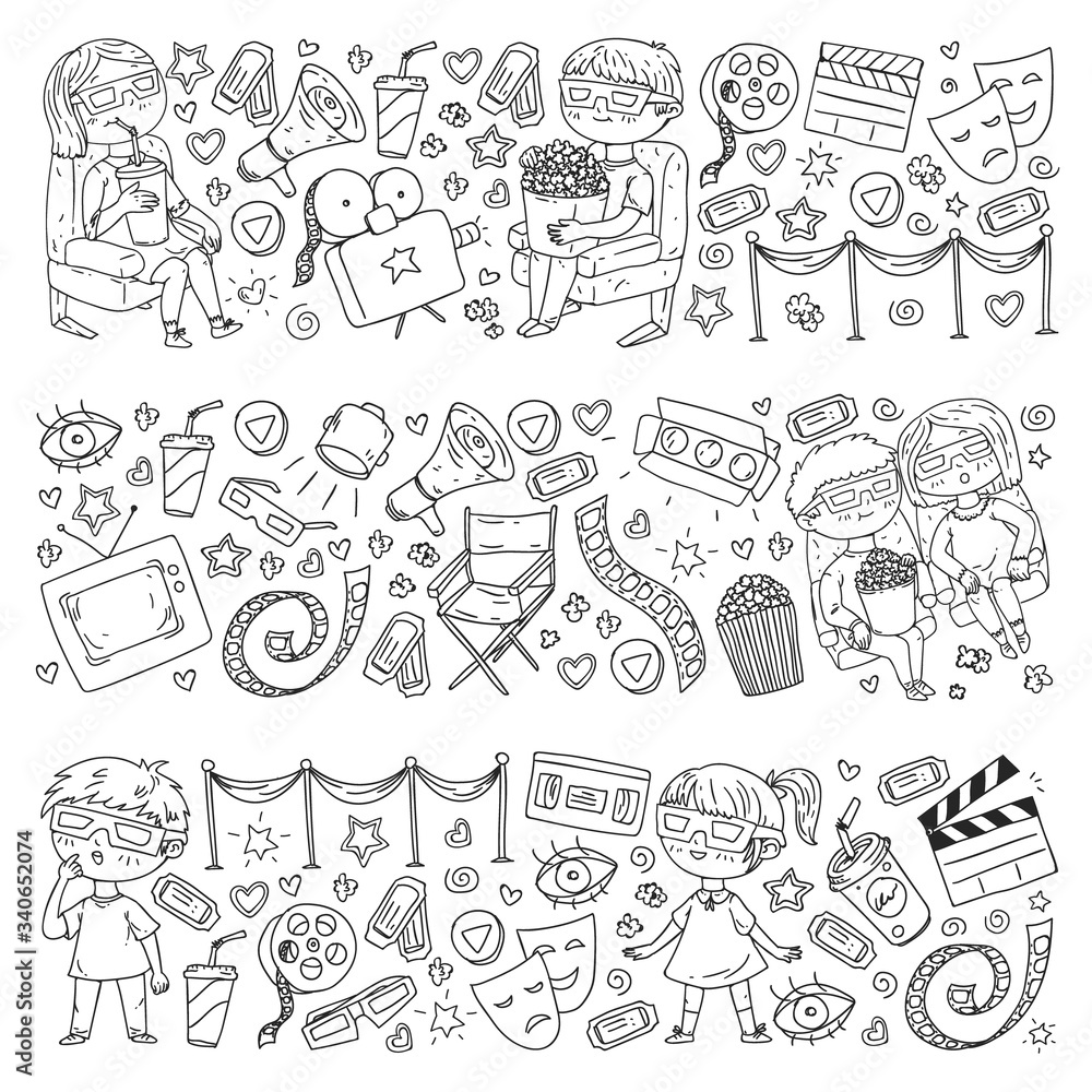 Vector pattern with cinema icons of movie theater, TV, popcorn, video clip. Kindergarten and school children watching movies. Vector pattern with cinema icons of movie theater, TV, popcorn, video clip. Kindergarten and school children watching movies.