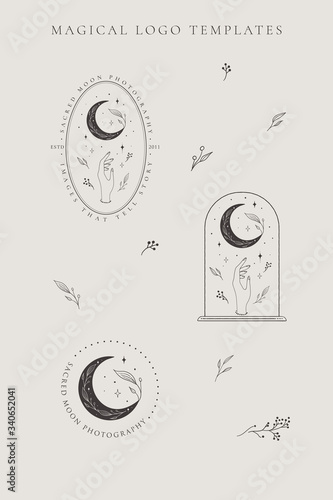abstract hand drawn crescent moon logo set with stars, hand, flower and leaves. icon, vector illustration in trendy line linear art style. Branding. Vector Illustration