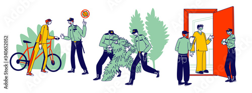 Quarantine Control Concept. Characters Violate Curfew or Self Isolation Regime, Policemen Arrest Person in Costume of Tree, Bicyclist in Park and Cheking Quarantined People. Linear Vector Illustration