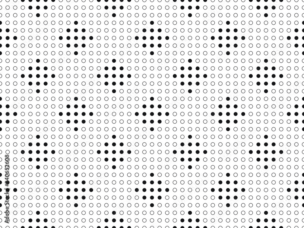 Monochrome seamless ethnic motif pattern of circular black dots surrounded by white circles on white background