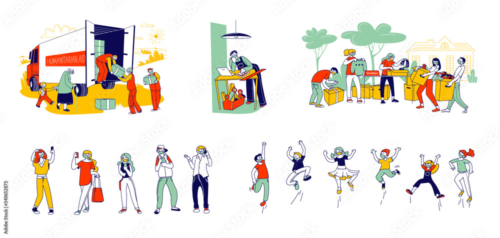 Set of Male Female Characters Young and Adult Wear Medical Mask during Quarantine Self Isolation and Covid19 Pandemic. Happy Kids Jumping, Humanitarian Aid, Donation. Linear People Vector Illustration Set of Male Female Characters Young and Adult Wear Medical Mask during Quarantine Self Isolation and Covid19 Pandemic. Happy Kids Jumping, Humanitarian Aid, Donation. Linear People Vector Illustration
