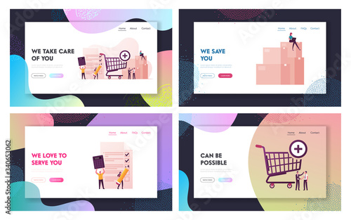 Procurement Landing Page Template Set. Process of Purchasing Goods or Services with Tiny Business Characters with Huge Shopping Trolley, Calculator and Pen Deal. Cartoon People Vector Illustration