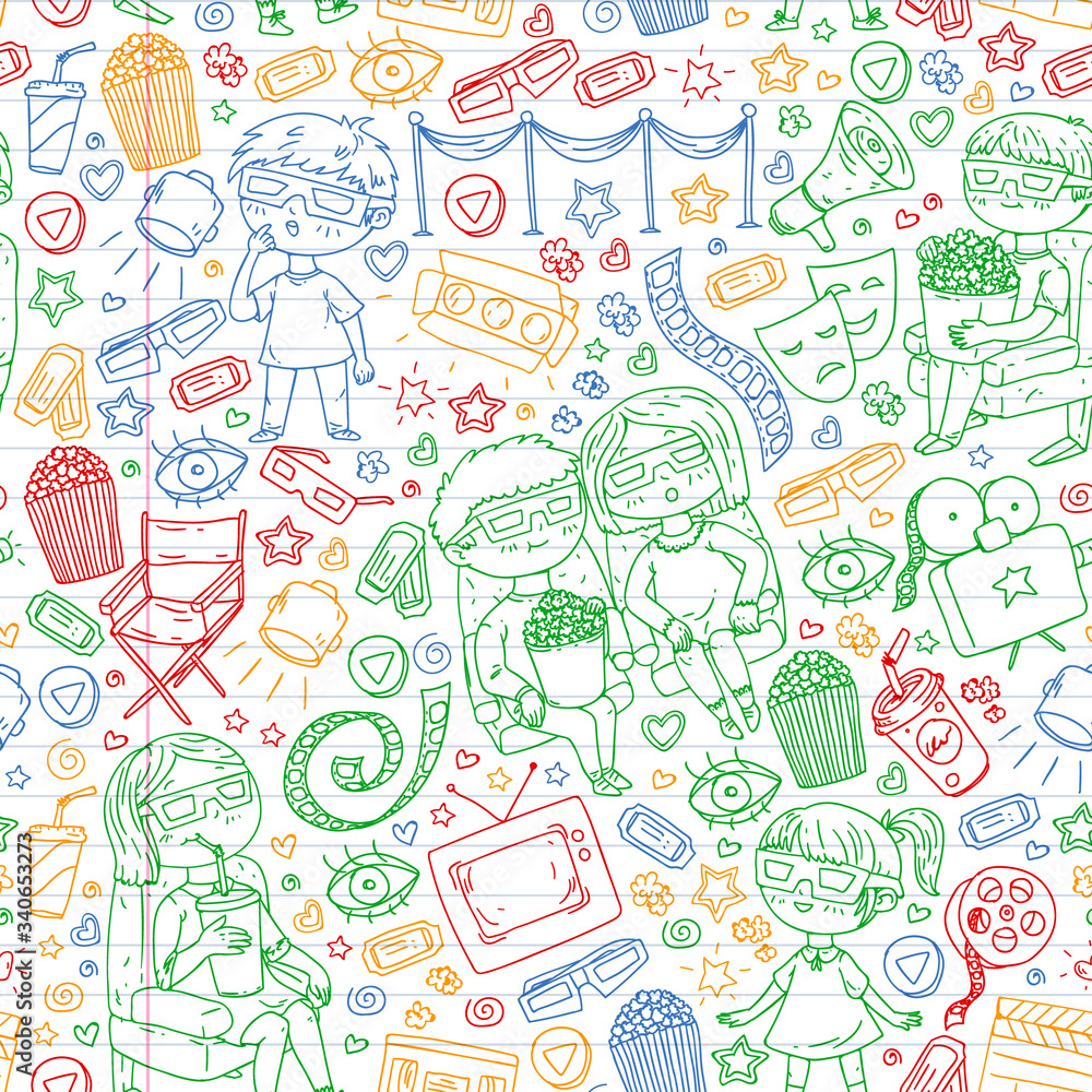 Vector pattern with cinema icons of movie theater, TV, popcorn, video clip. Kindergarten and school children watching movies. Vector pattern with cinema icons of movie theater, TV, popcorn, video clip. Kindergarten and school children watching movies.