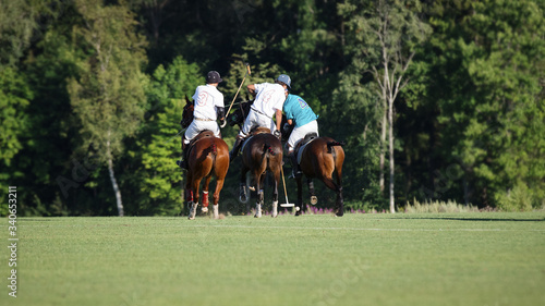 Three horse Polo players with a mallet in game action