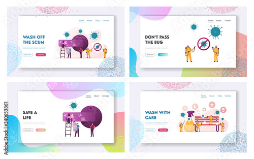 Characters Cleaning Room from Contagious Covid19 Cells Landing Page Template Set. People in Protective Suit and Mask Spraying Disinfectant to Stop Coronavirus Pandemic. Cartoon Vector Illustration