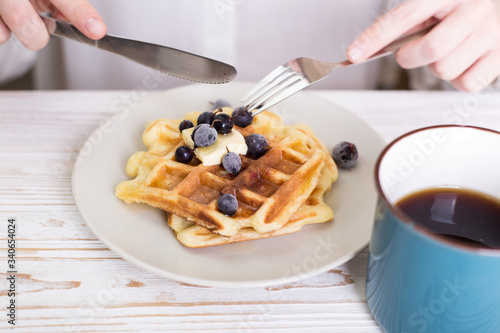 Belgian waffles and tea photo