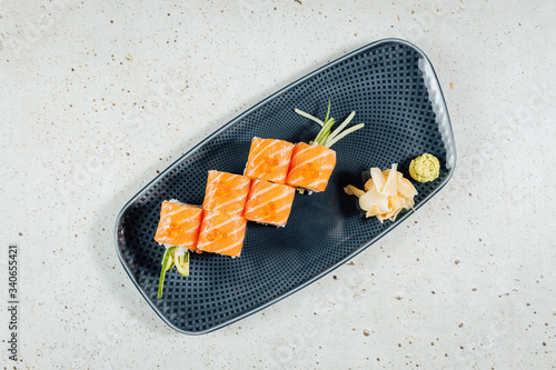 Sushi set with salmon. Philadelphia., with caviar. With ginger and wasabi