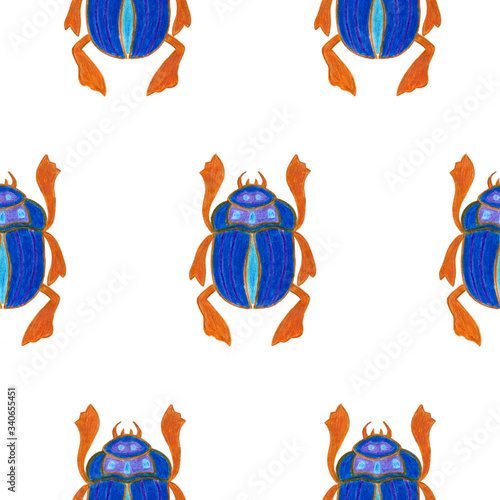 Blue scarab isolated on white background. Seamless pattern with Bug insect, Beetles. Design for wrapping paper, cover, greeting card, wallpaper, fabric