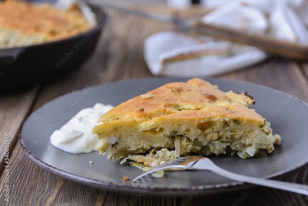 Piece of cabbage pie is ready for dinner