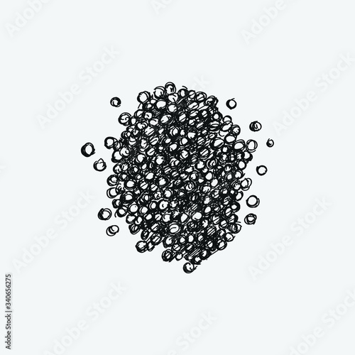 Hand-drawn sketch of a handful of black pepper on a white background. Peppercorn. Dried pepper. Spice and seasoning