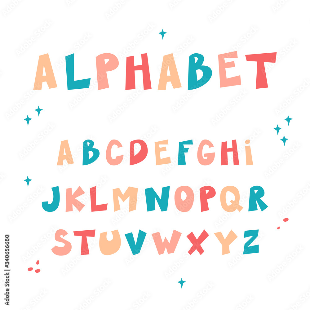 Cartoon english alphabet. Handwritten creative font, lettering. Vector illustration on isolated background
