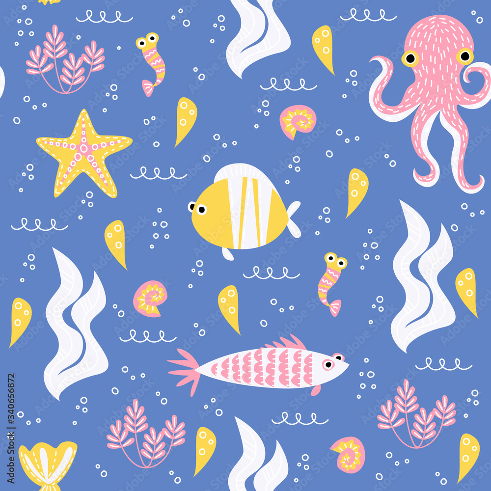 Naklejka premium Seamless pattern wish fish, octopus, sea star, shell, seaweed. Vector illustration