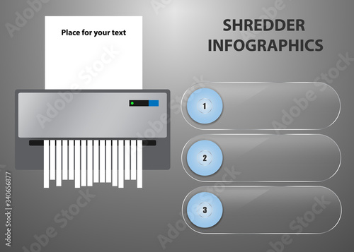 Shredder infographics concept vector showing shredder with blank paper ready for your text and three transparent labels for your text as well.