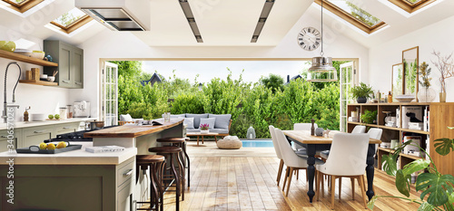 Obraz na plátně Modern kitchen overlooking patio in a new luxury house