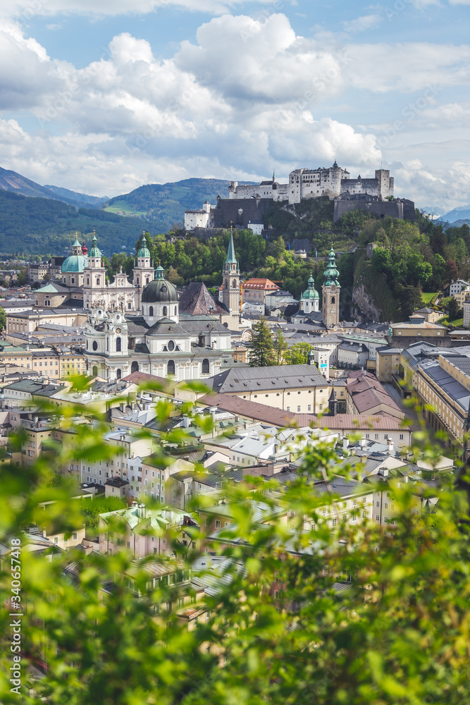 Fototapeta premium Salzburg summer time: Panoramic city landscape with Salzach and historic district