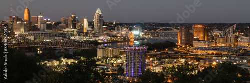 The Cincinnati, Ohio and covington, Kentucky skylines along the waterfront of the Ohio River