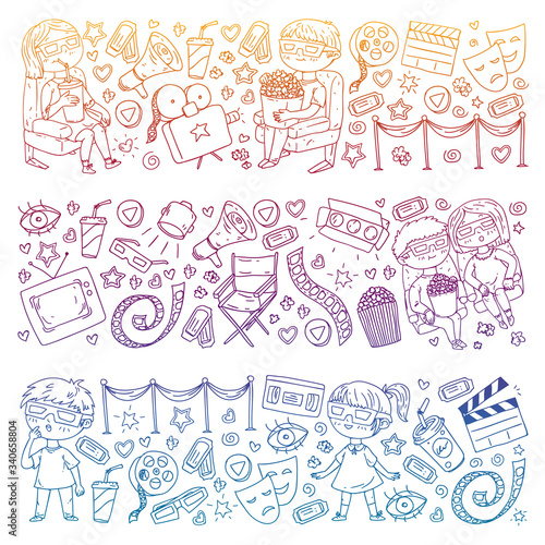 Vector pattern with cinema icons of movie theater  TV  popcorn  video clip. Kindergarten and school children watching movies.