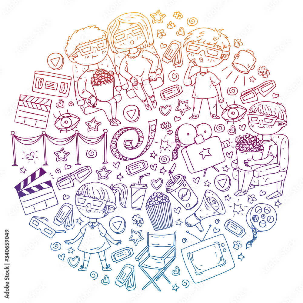 Obraz premium Vector pattern with cinema icons of movie theater, TV, popcorn, video clip. Kindergarten and school children watching movies.