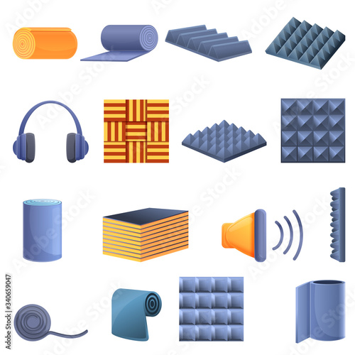 Soundproofing icons set. Cartoon set of soundproofing vector icons for web design